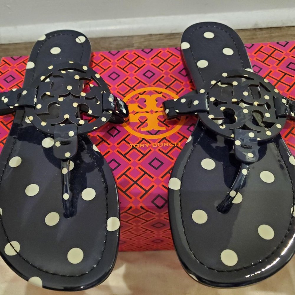Tory Burch Navy and White Polka Dot Miller Patent Leather Sandals - Size 8 *NWT*